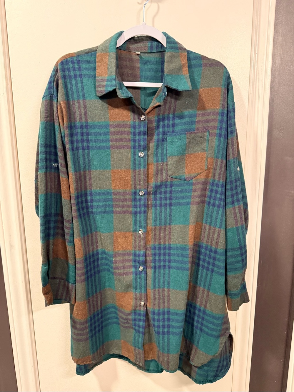 Plaid Button-Front Women’s Dress - Teal & Brown
